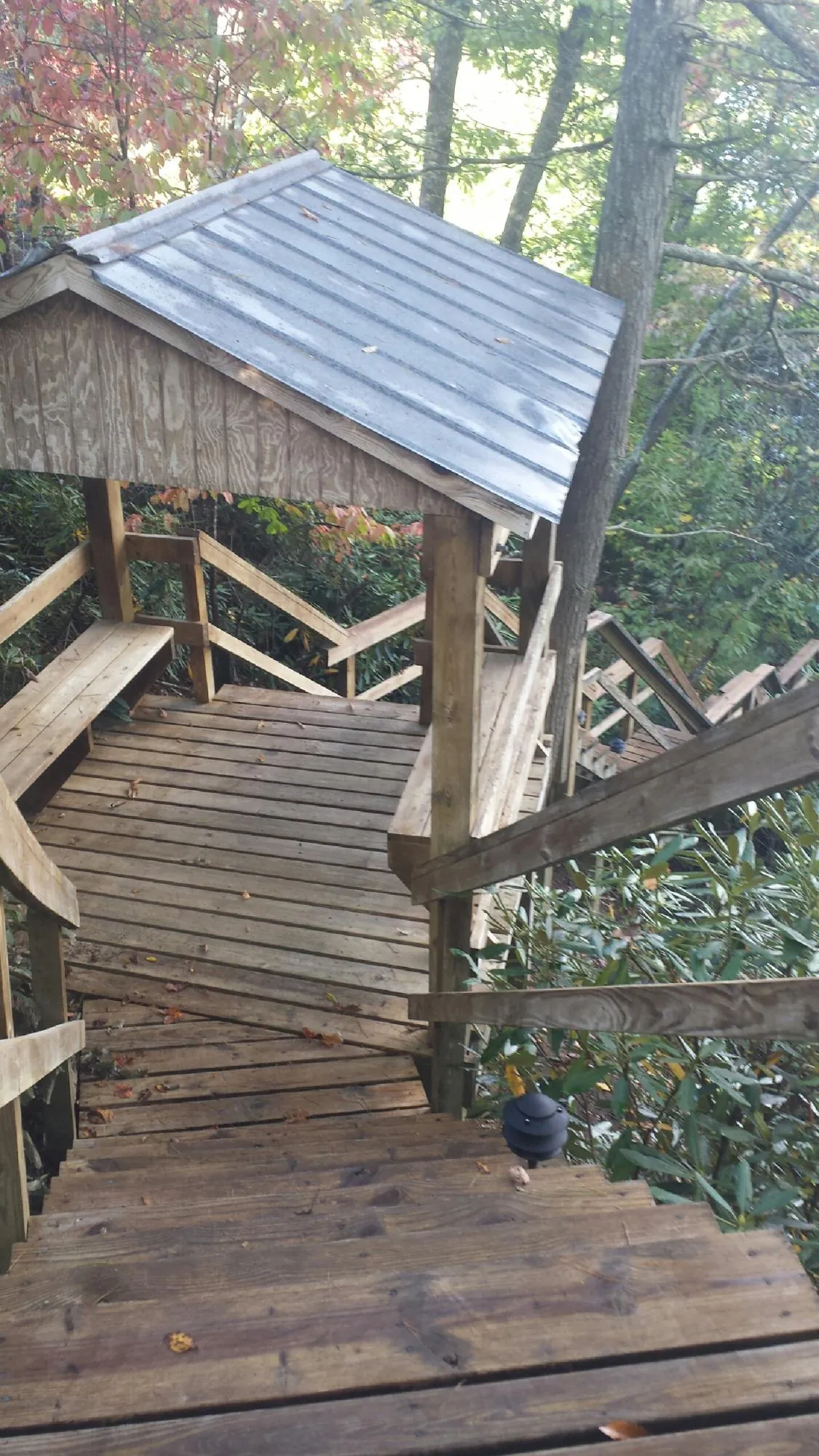 Metal roofed shelter over wooden steps on a wooded walkway — Skylight Repair & Installation work by our crew in Wilmot